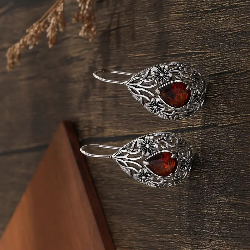 Beautiful Filigree Teardrop Garnet Silver Hook Earrings Great for Everyday Wear