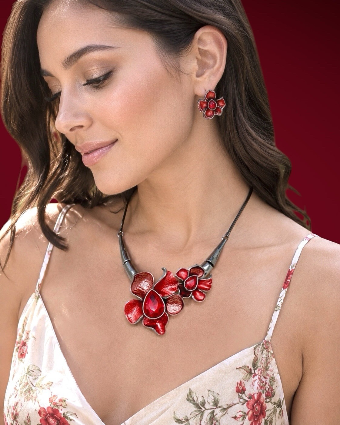 Red Crystal Flowers Enameled Statement Casual Chic Necklace Earrings Set