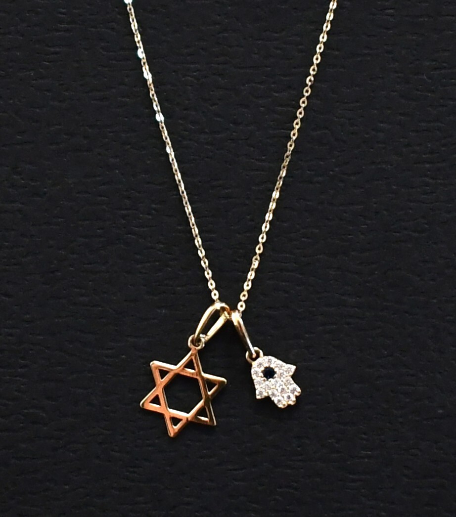 New 14K YELLOW GOLD STAR OF DAVID & HAMSA with CZ Stones Pendant Necklace