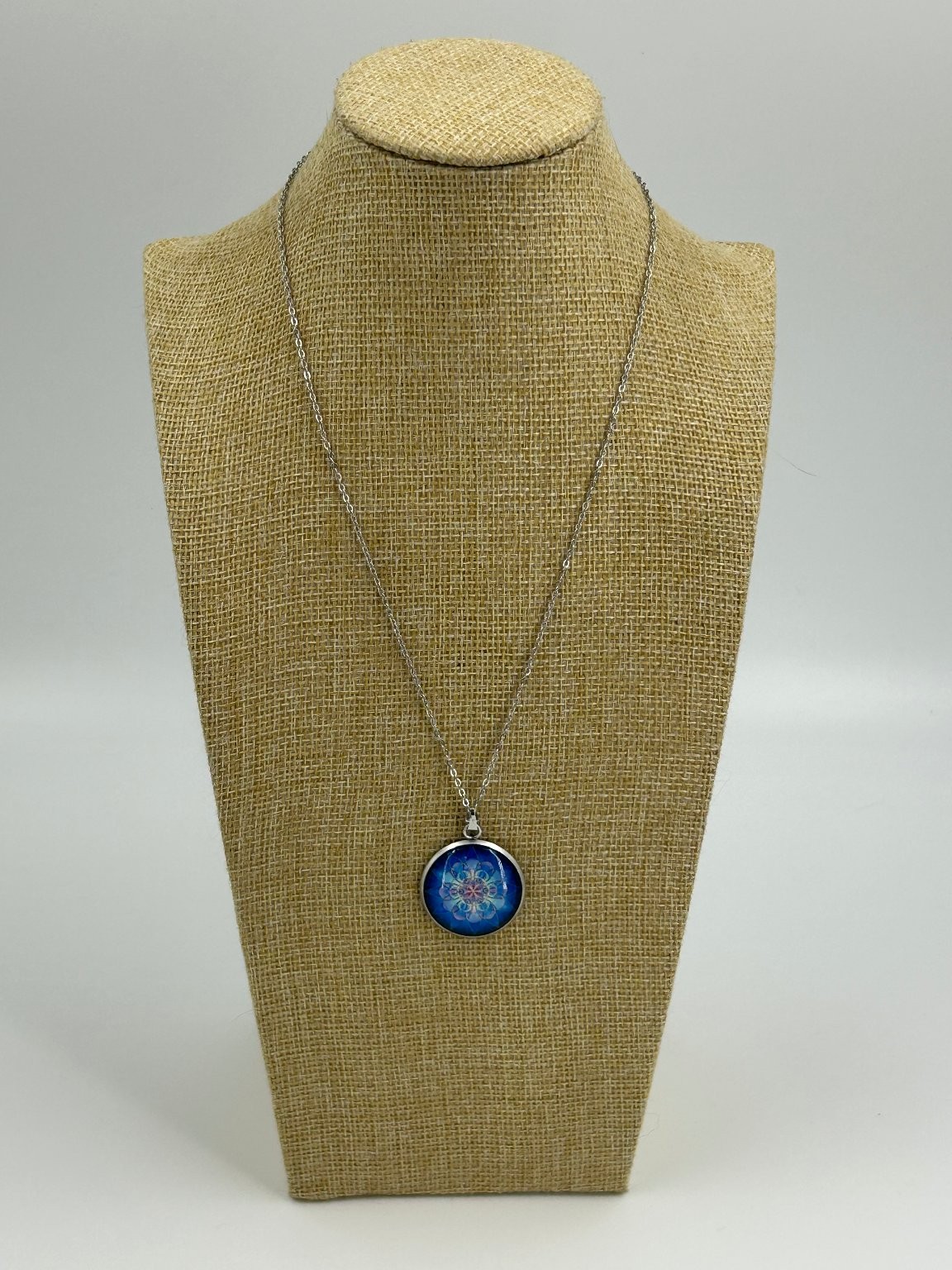 Silver Round Pendant Necklace 18-20 Inch Blue Mandala Design