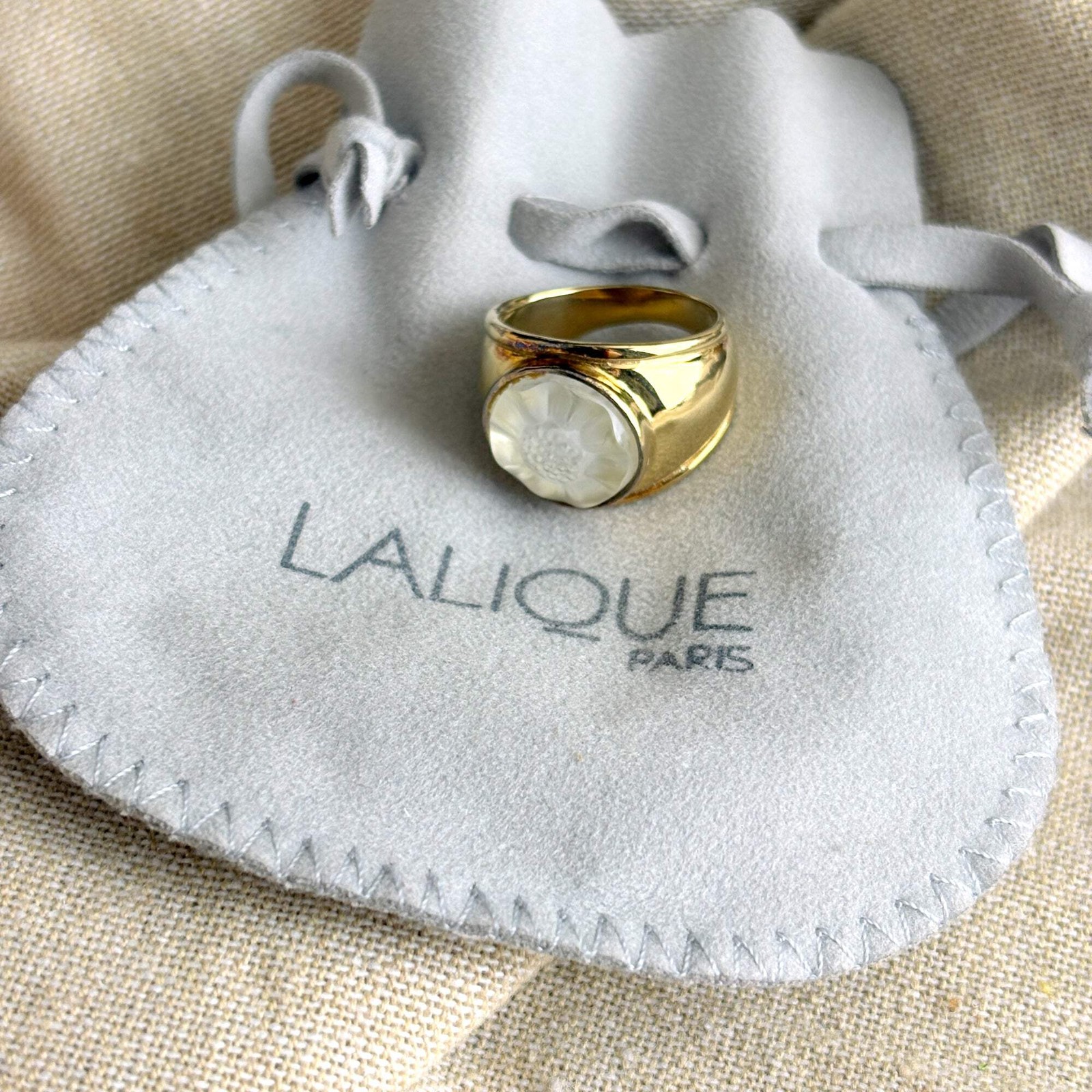 Lalique France Helianthus Sunflower Crystal Ring Gold Vermeil Sz 6.5