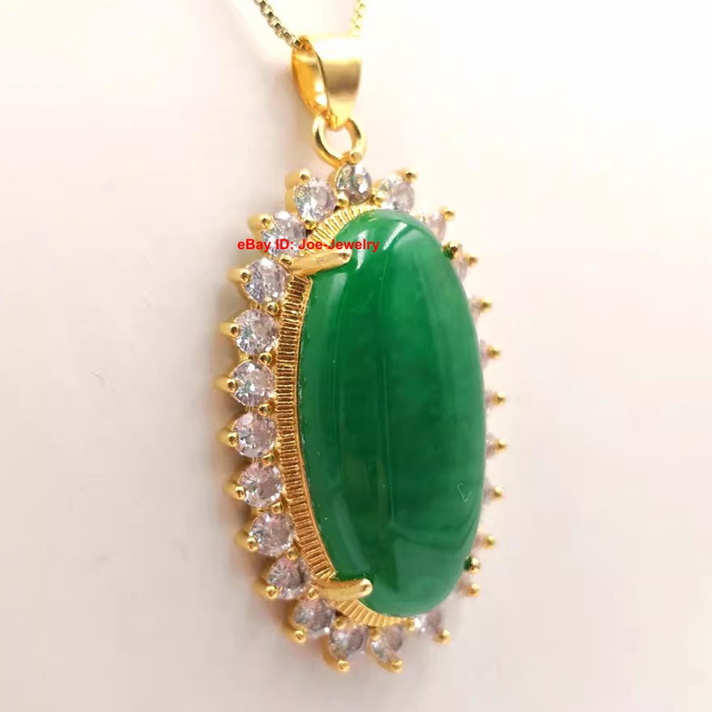 Yellow Plated Alloy Heated Oval Green Jade Pendant Vintage Chinese Style 48mm H