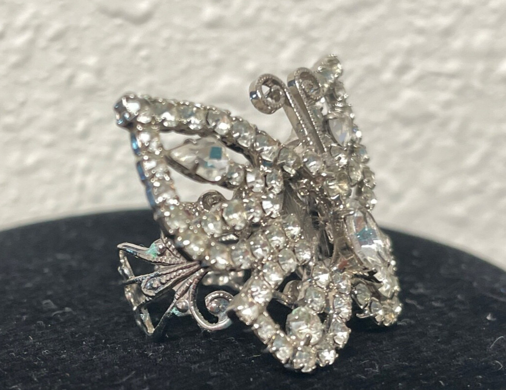 Signed Tiara Misu butterfly Ring Silver Toneotnate filigree 6 7 8 9 rhinestone