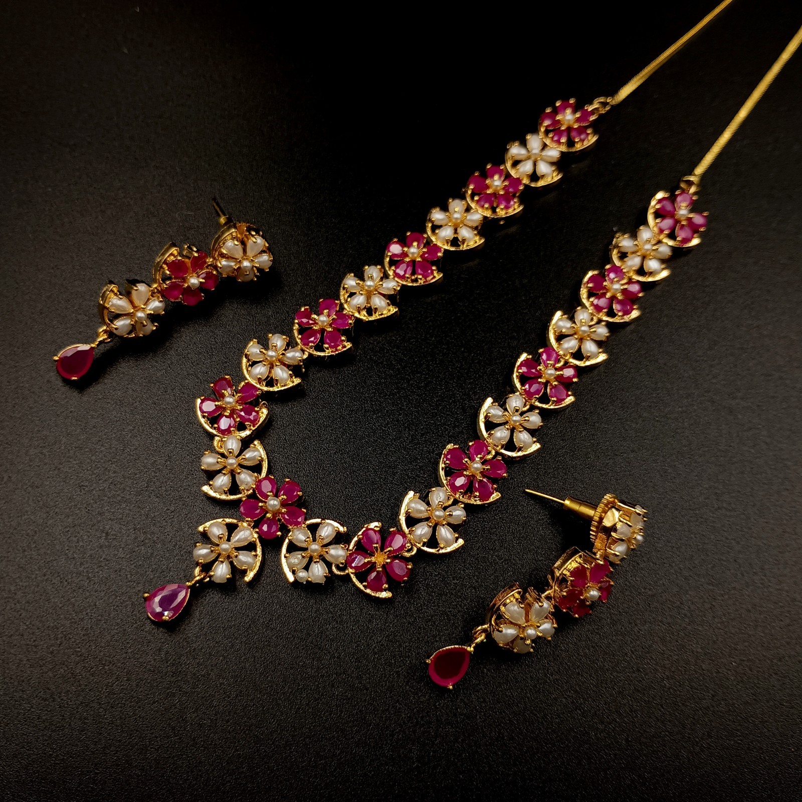 Traditional 22K Gold Plated Floral Ruby Pearl Necklace Set Statement Jewelry