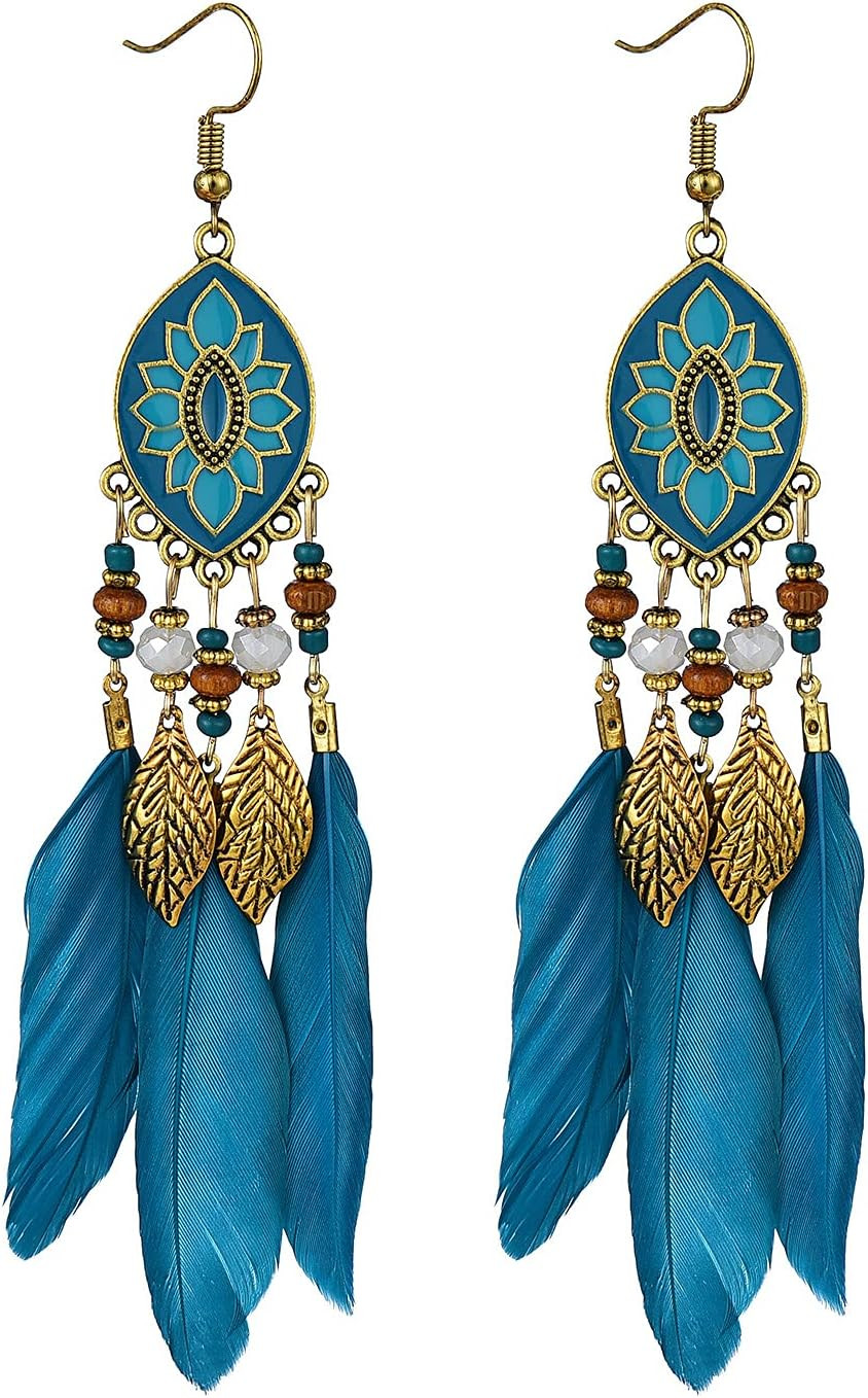 Boho Long Feather Drop Dangle Earrings for Women Retro Bohemian Ethnic Fringe Mu