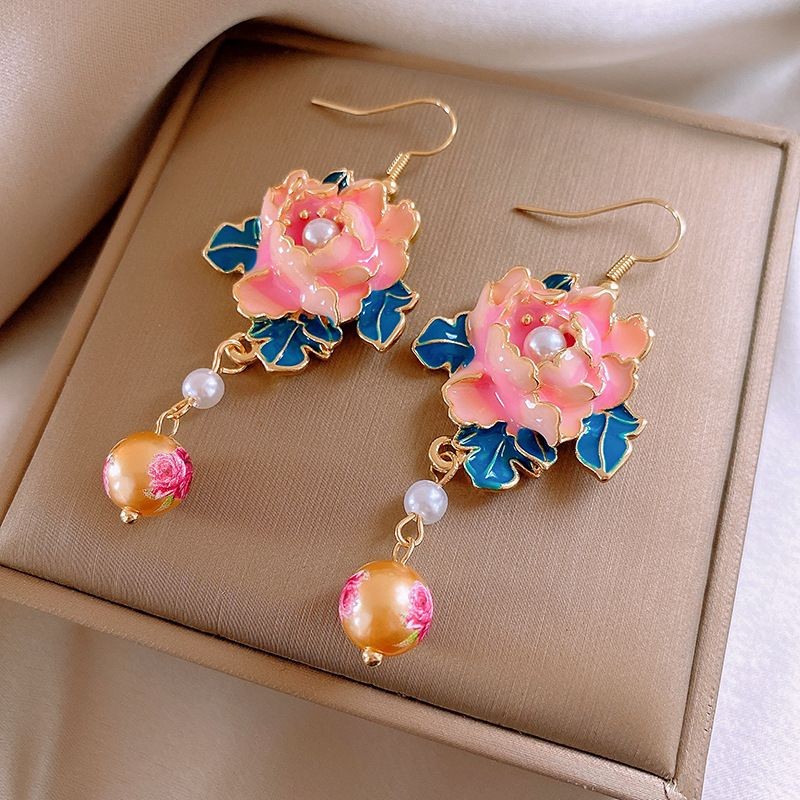 Chinese Style Enamel Painted Flower Pearl Tassel Earrings Vintage Jewelry
