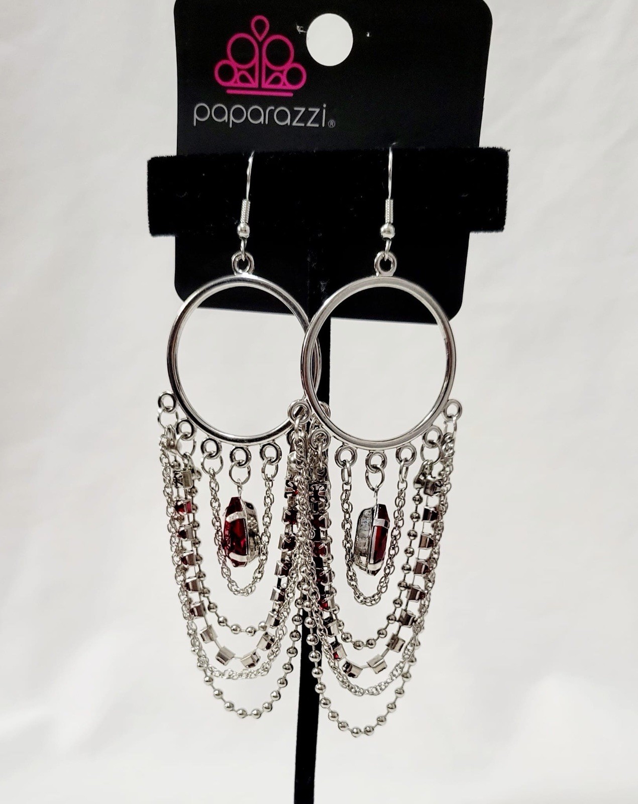Paparazzi Silver Hoop Dangle Earrings Red Simulated Rhinestone Chain Fringe