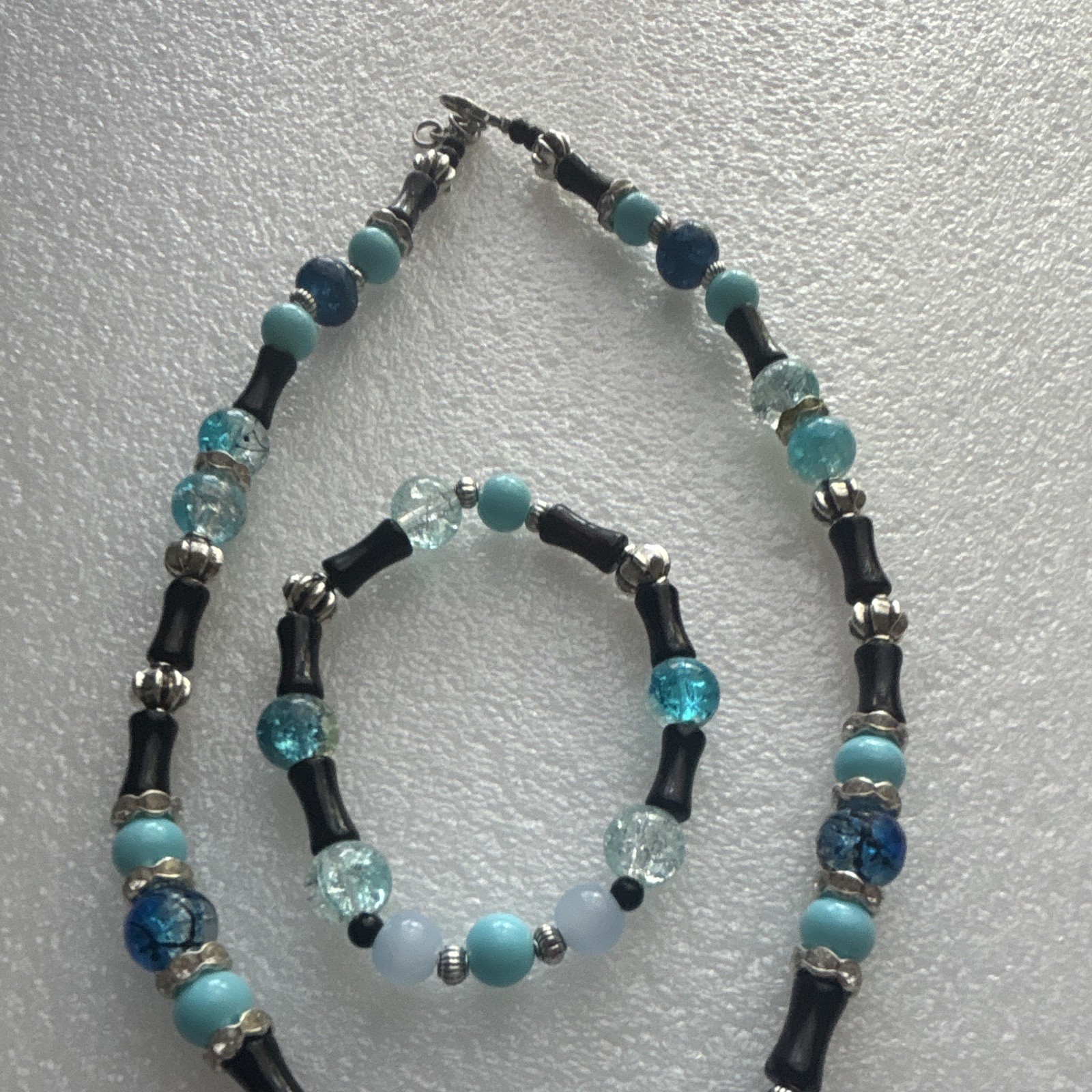 Blue & Black Glass Beaded Jewelry Set Necklace Bracelet Heart Charm