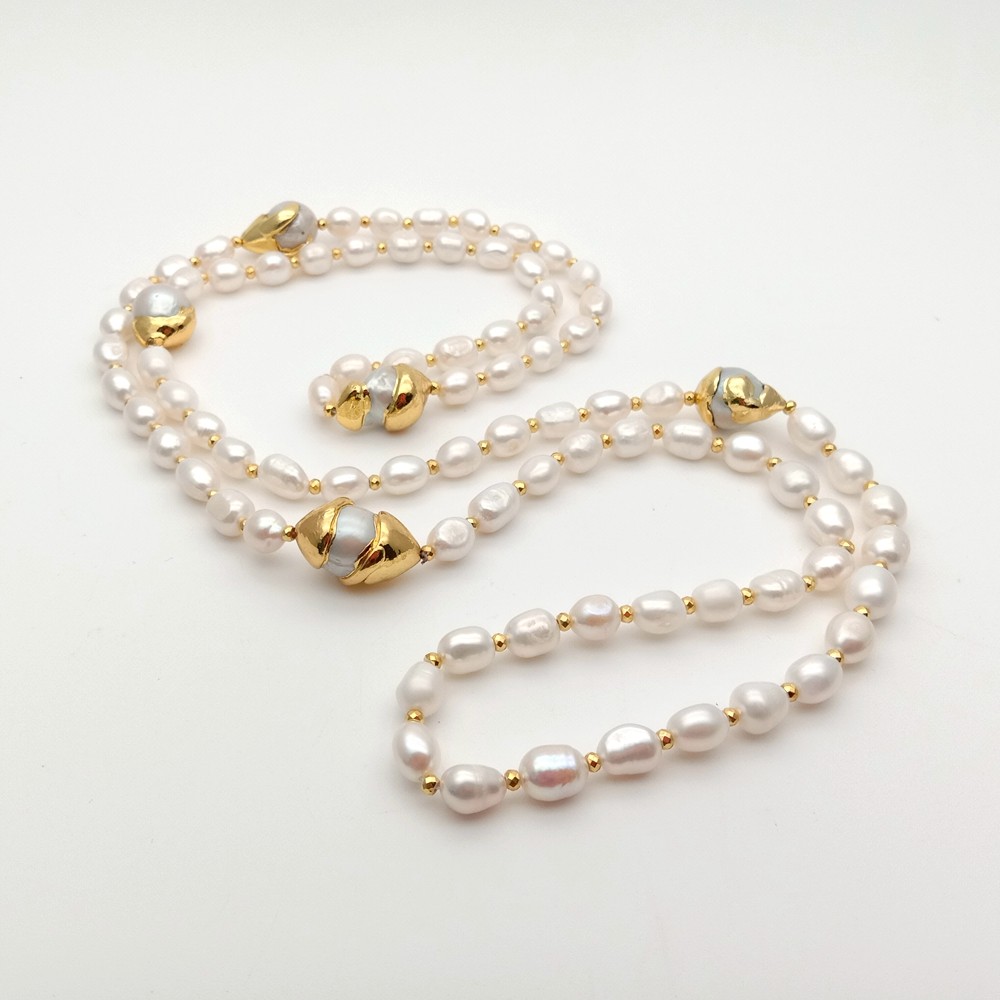 42″ White Baroque Pearl 24 K Gold Plated Keshi Pearl Necklace