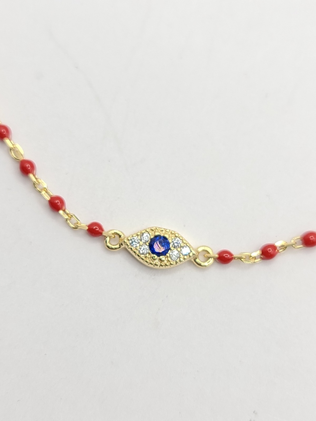 Mini 1.2mm Red Bead 14k Gold Plated Sterling Eye of Evil CZ Bracelet 6″+1″ EXT
