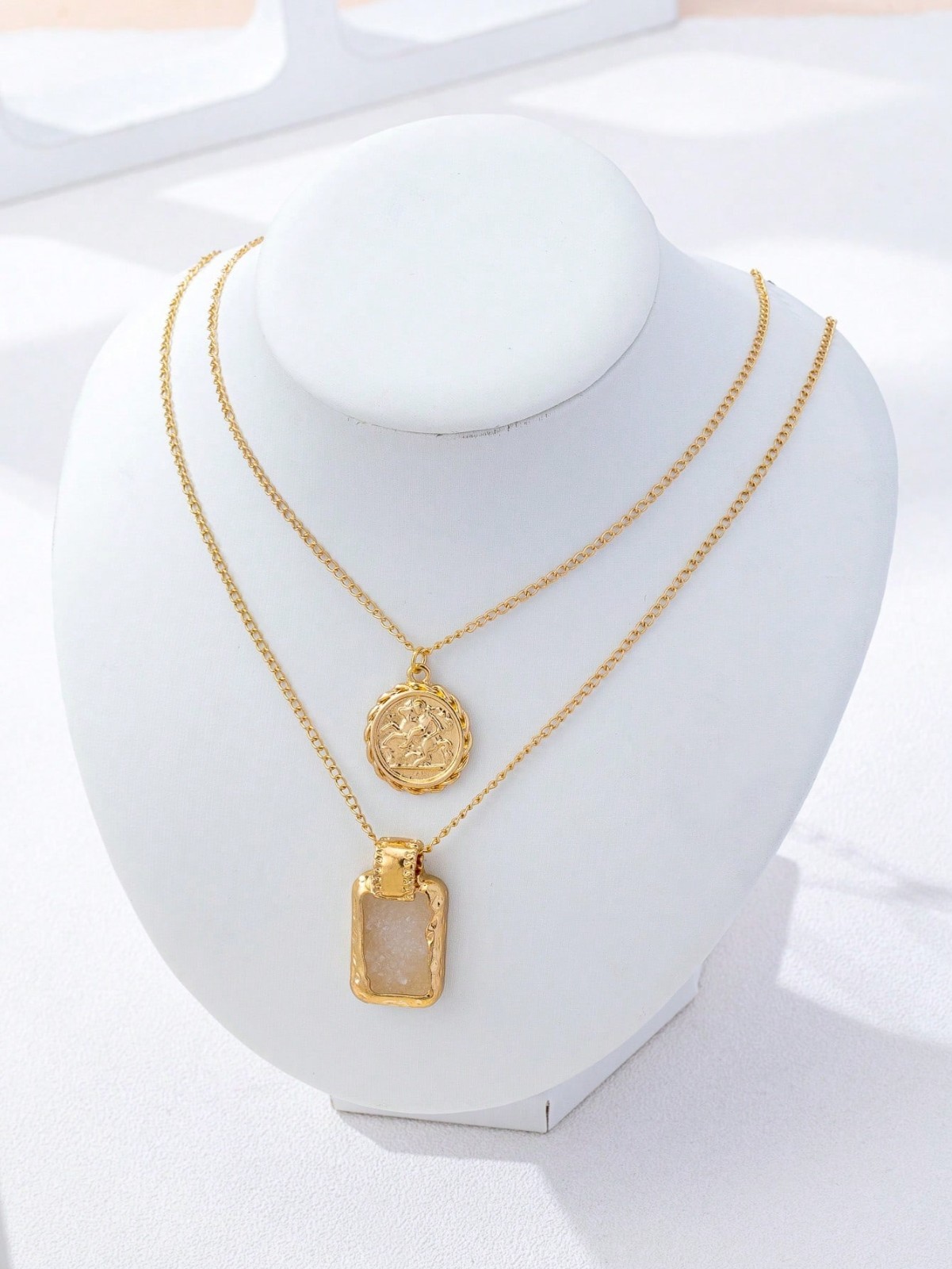 Layered Druzy Stone Pendant Necklace Gold Plated Stainless Steel Boho Women