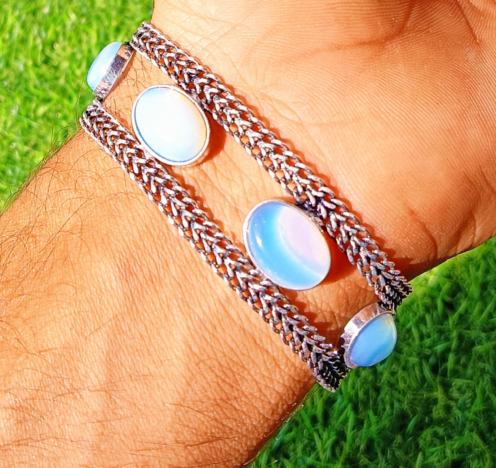 Buy Opalite Gemstone 925 Sterling Silver Plated Chain Bracelet 1pcs