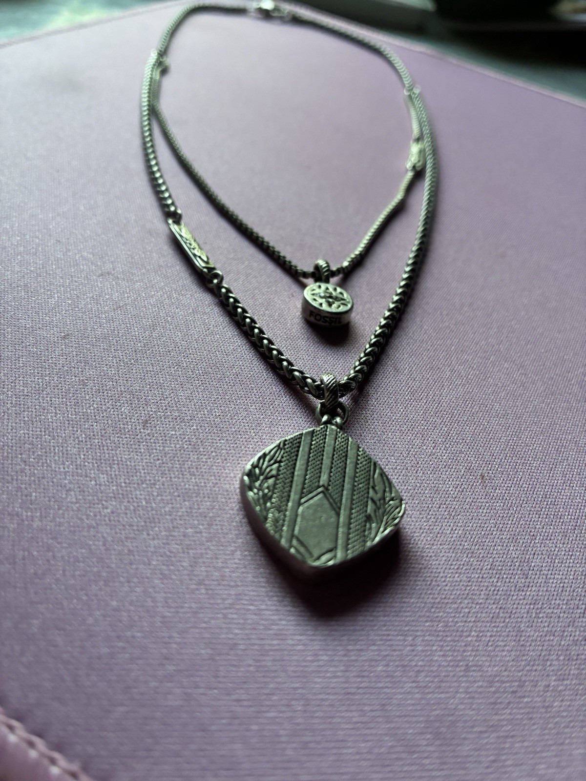 Fossil Silver-Tone Double Strand Layered Chain Necklace Asym Charm Signed