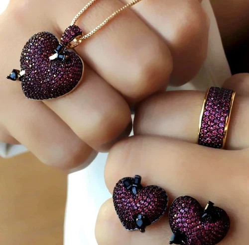 18K Gold Plated Lab Pink Sapphire Heart Pendant Necklace Earrings Valentine Gift