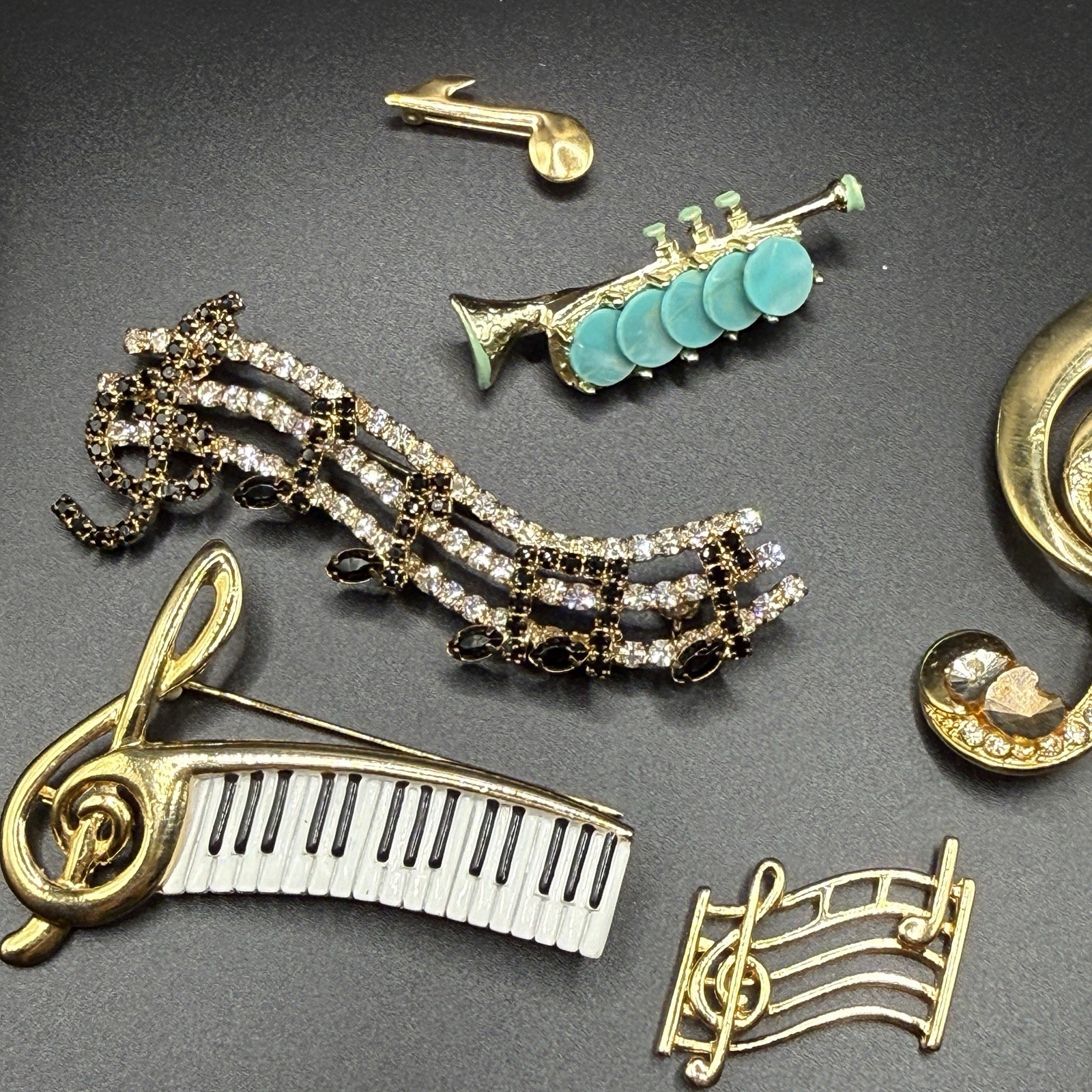Music-Themed Gold Tone Enamel & Crystal Rhinestone Brooch / Pin / Pendant Lot