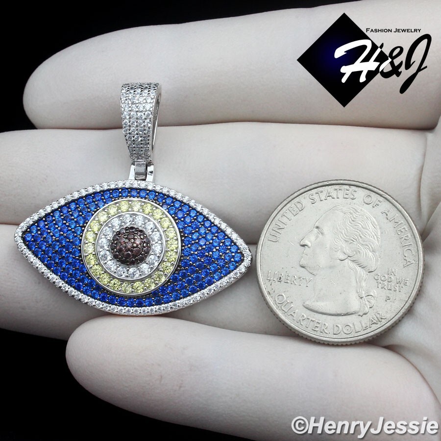 MEN WOMEN SOLID 925 STERLING SILVER ICY BLING CZ BLUE 3D EVIL EYE PENDANT*SP472