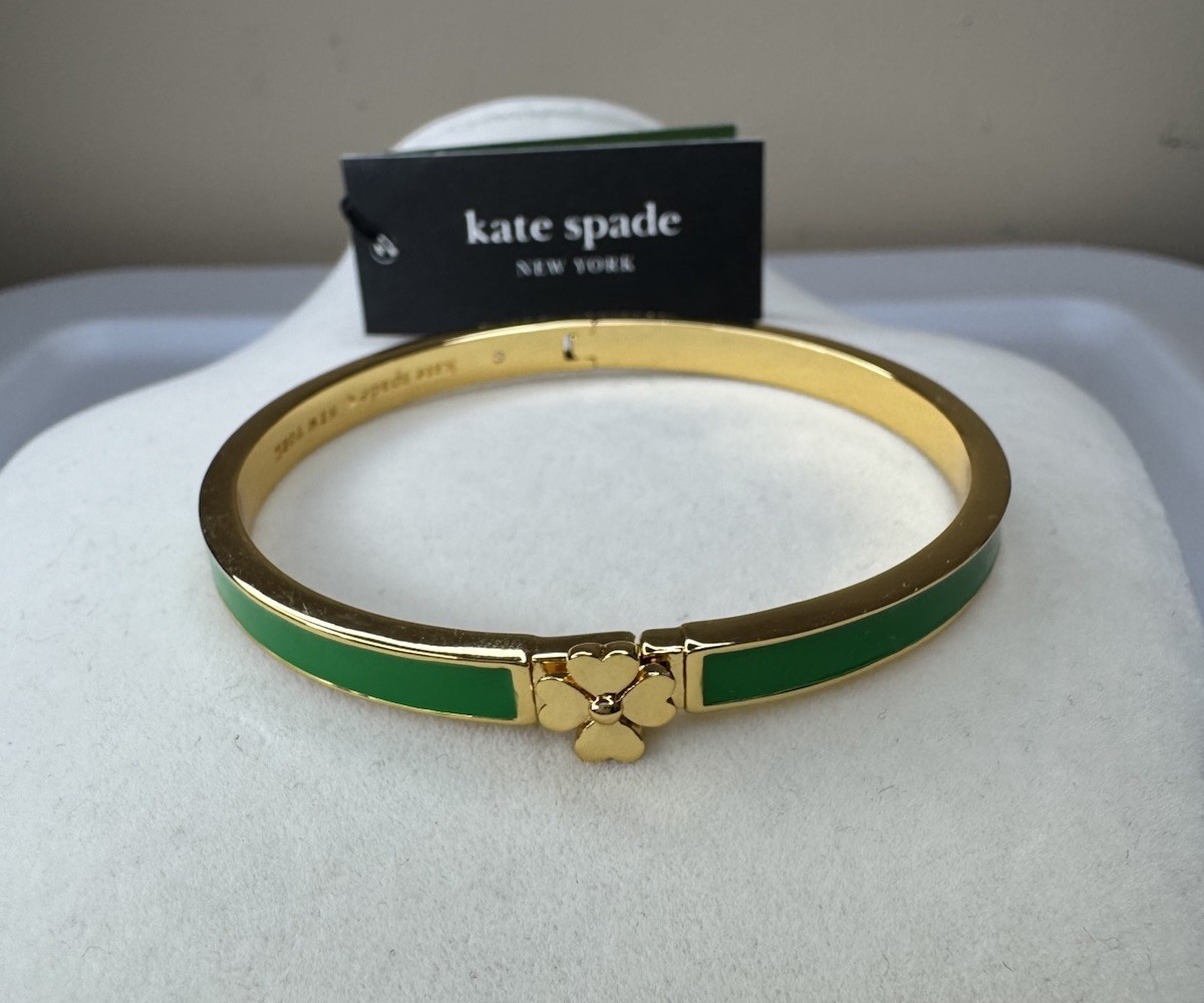 New Kate Spade New York Clover Green & Gold Hinged Bangle 7 Inch Gold Clasp