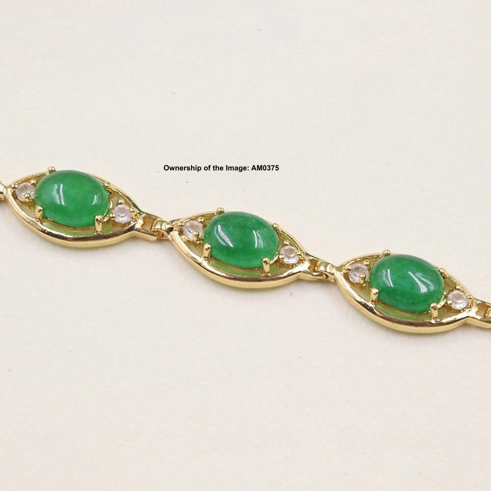 18K Gold Plated Alloy Heated Green Jade Oval Gemstone Bracelet Gift 6.88INCH