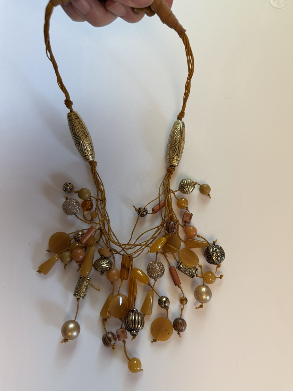 Yellow Cord Beaded Cluster Dangle Statement Necklace 13in Adjustable Tie Closure