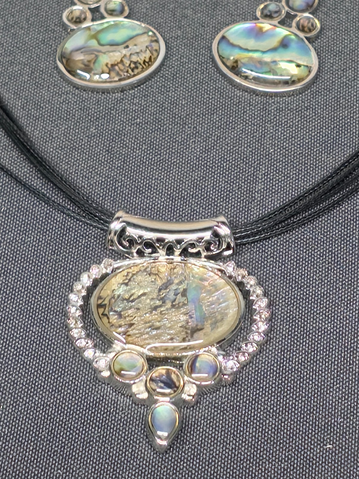 Artisan Abalone Shell Necklace Earring Set Multi Cord Silver Tone Ornate 16-18″