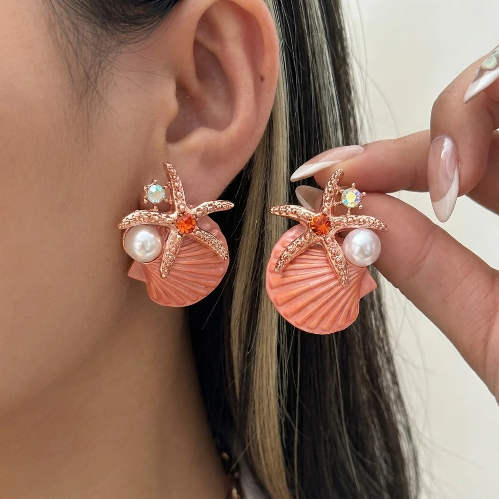 Boho Shiny Starfish Shell Coral Pearl Pendant Necklace for Women Exaggerated Met