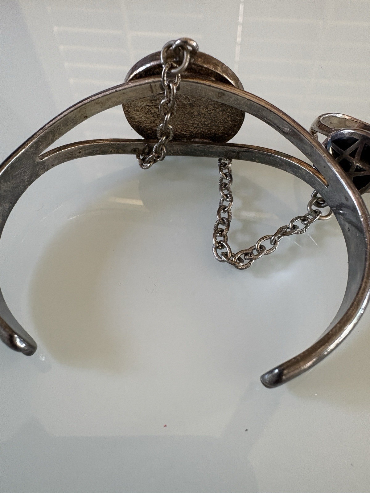 G & S 86 Silver Tone Pentagram Slave Chain Bracelet Attached Ring Size 10