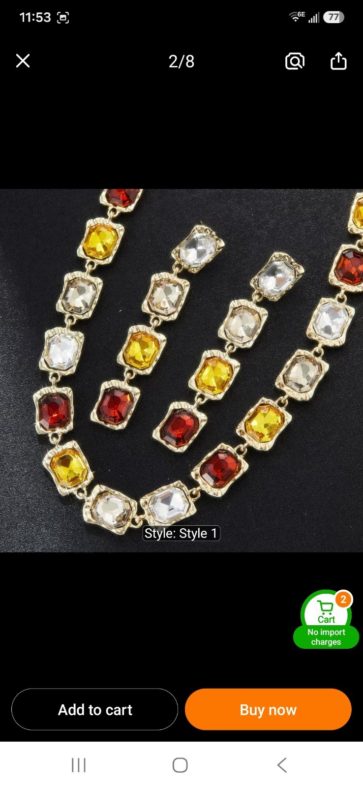 Gold Tone Multicolor Cushion Crystal Necklace & Dangle Earrings Jewelry Set
