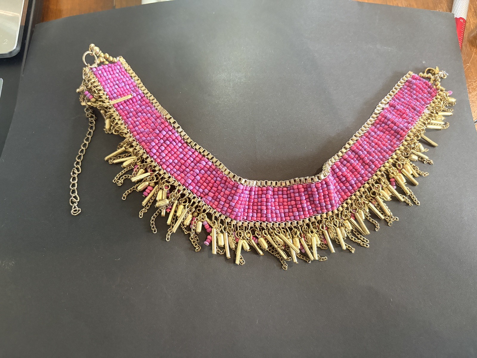 Pink and gold-tone beaded fringe statement necklace, metallic beads, 18 3/4″