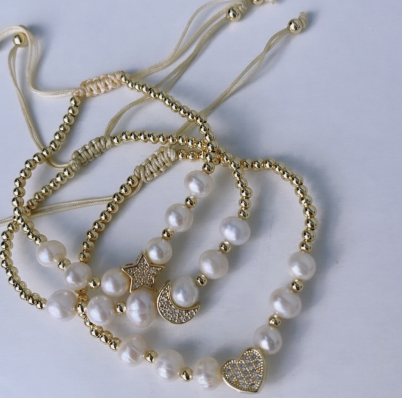 Gold Pave Star Beaded Stackable Adjustable Bracelets