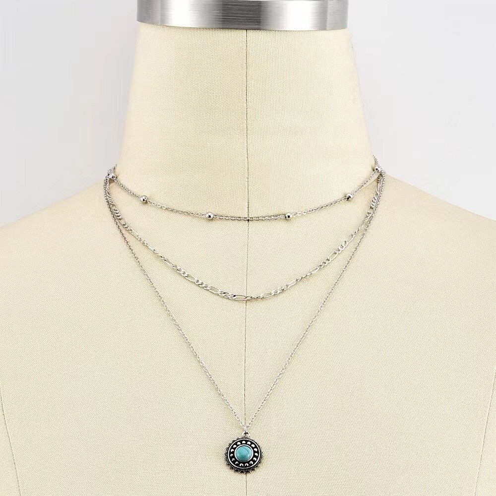 Fashion Women Layered Necklace Retro Ethnic Turquoise Sun Disc Pendant 1432