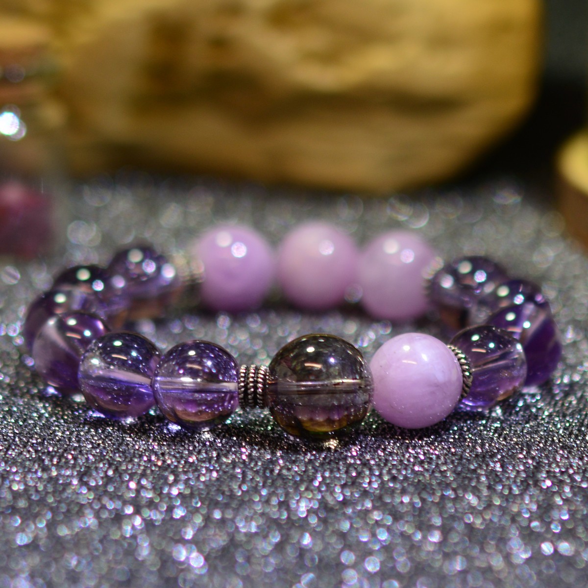 Women S925 Silver Natural Crystal Beaded Bracelet Amethyst Kunzite Super Seven