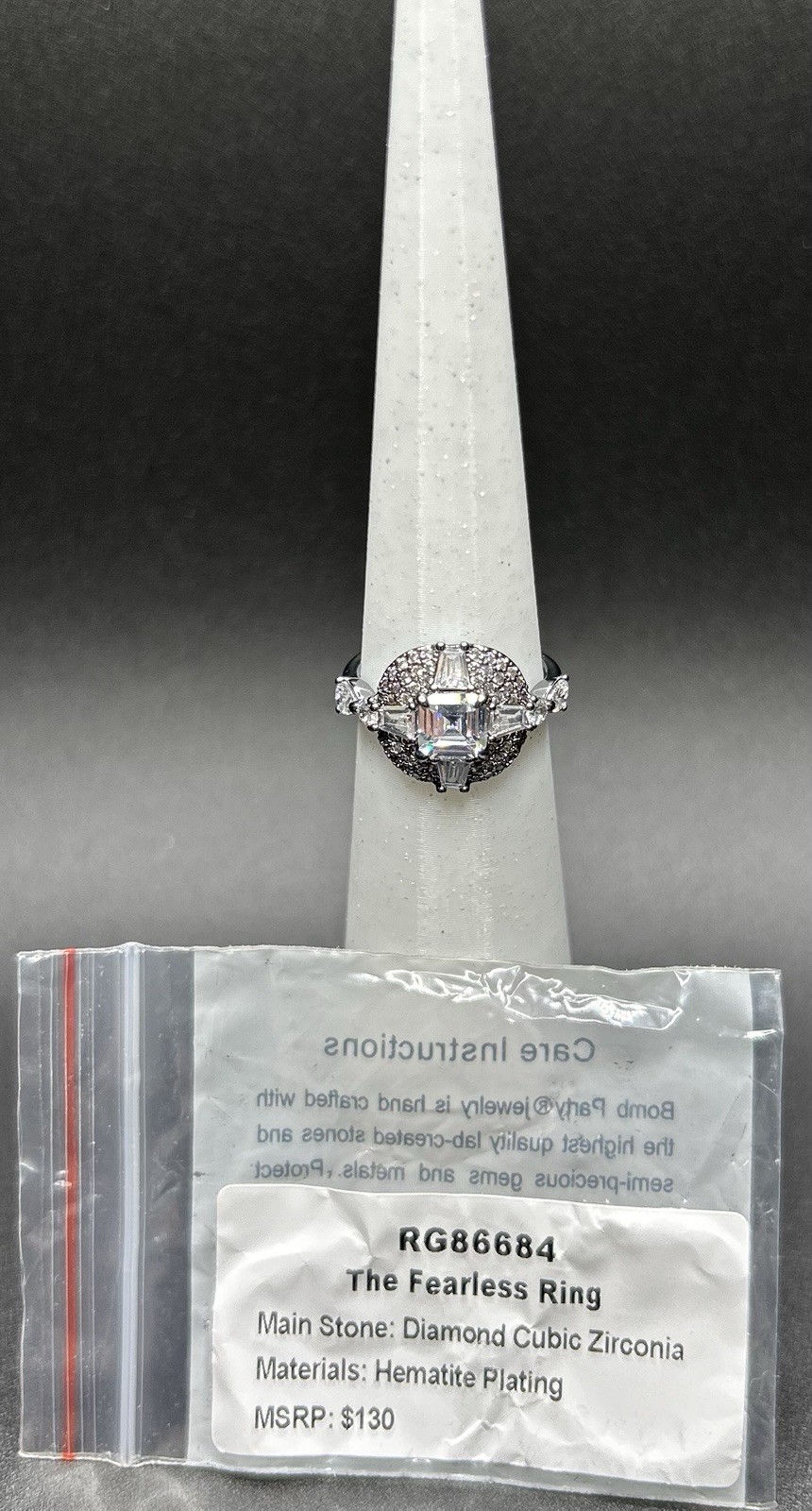 Bomb Party Ring Sz 7 RG86684 ‘The Fearless Ring’ Diamond CZ on Hematite Plating