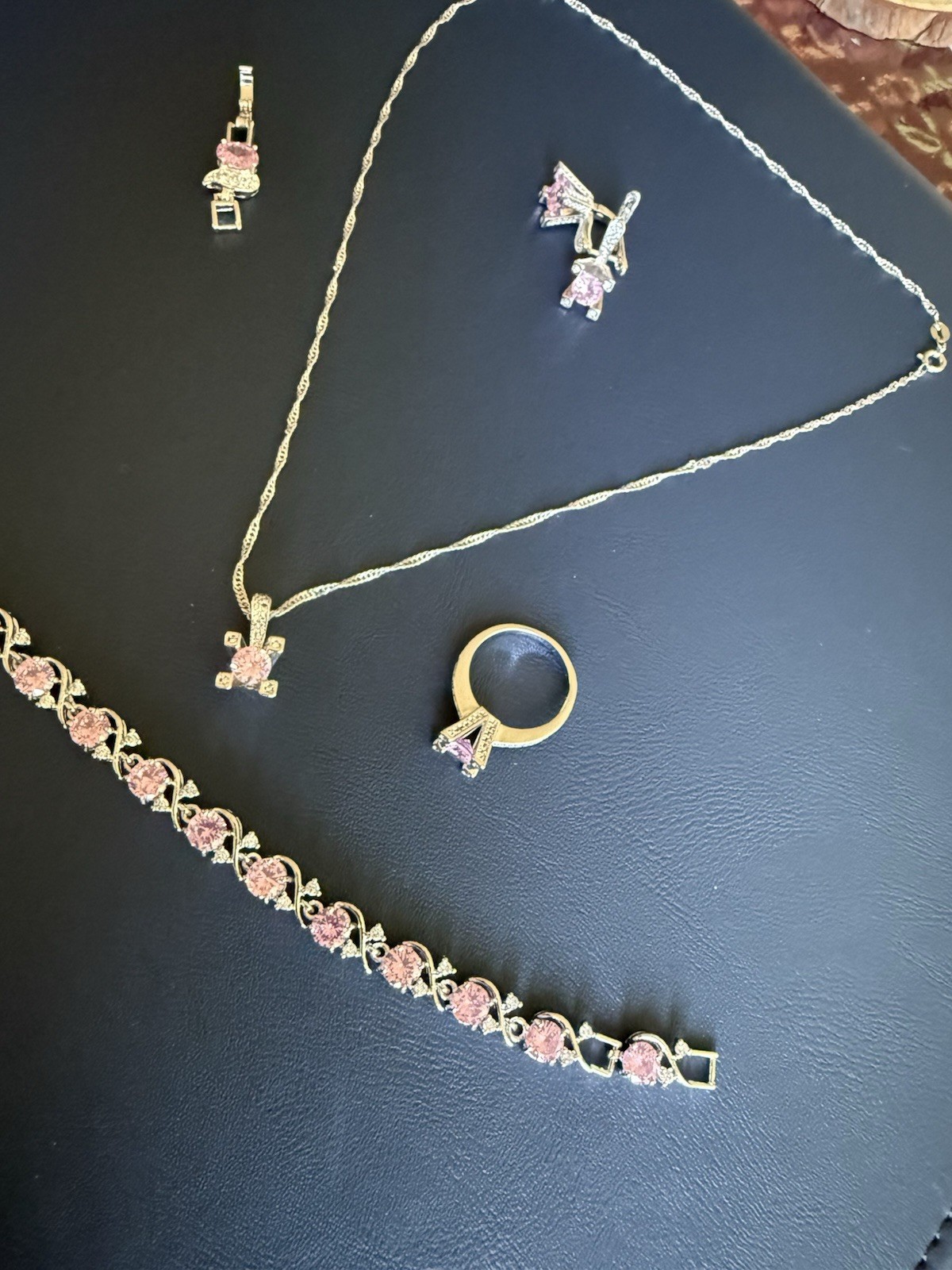 Pink and Gold Jewelry Set with Pink Stones – Earrings, Necklace, Bracelet, Ring