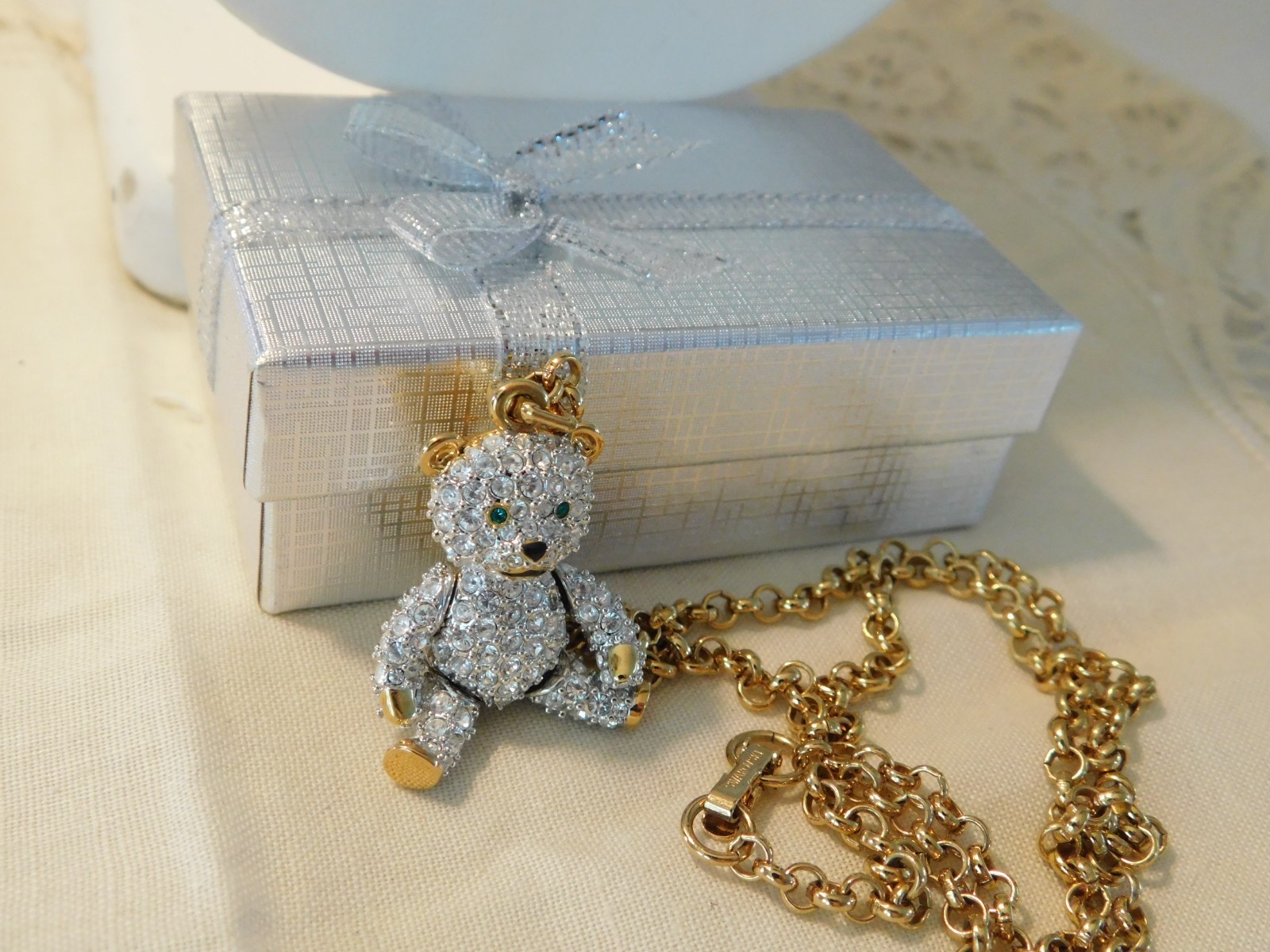Authentic Swarovski Crystal Teddy Bear Jointed Pendant Necklace