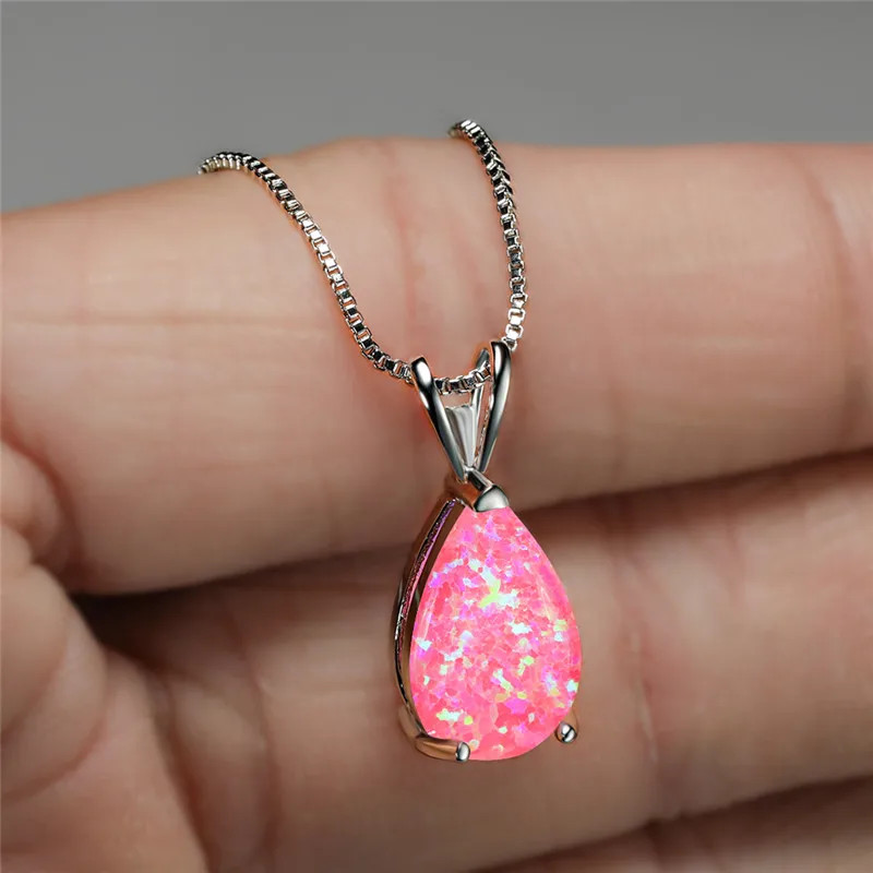 Boho Female Small Blue Green Opal Water Drop Pendant Necklace Silver Color Weddi