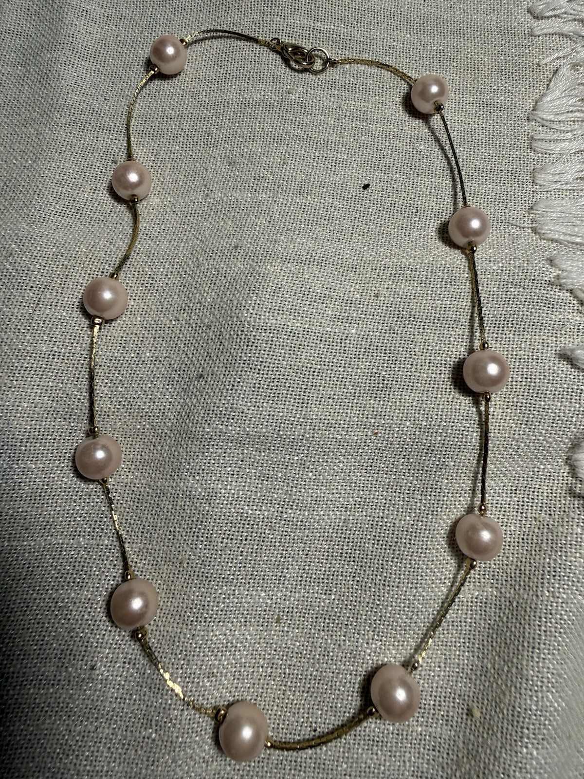 #6 Gold Tone Station Cable Chain Necklace Pink Round Pearl Bezel 18” Spring Ring