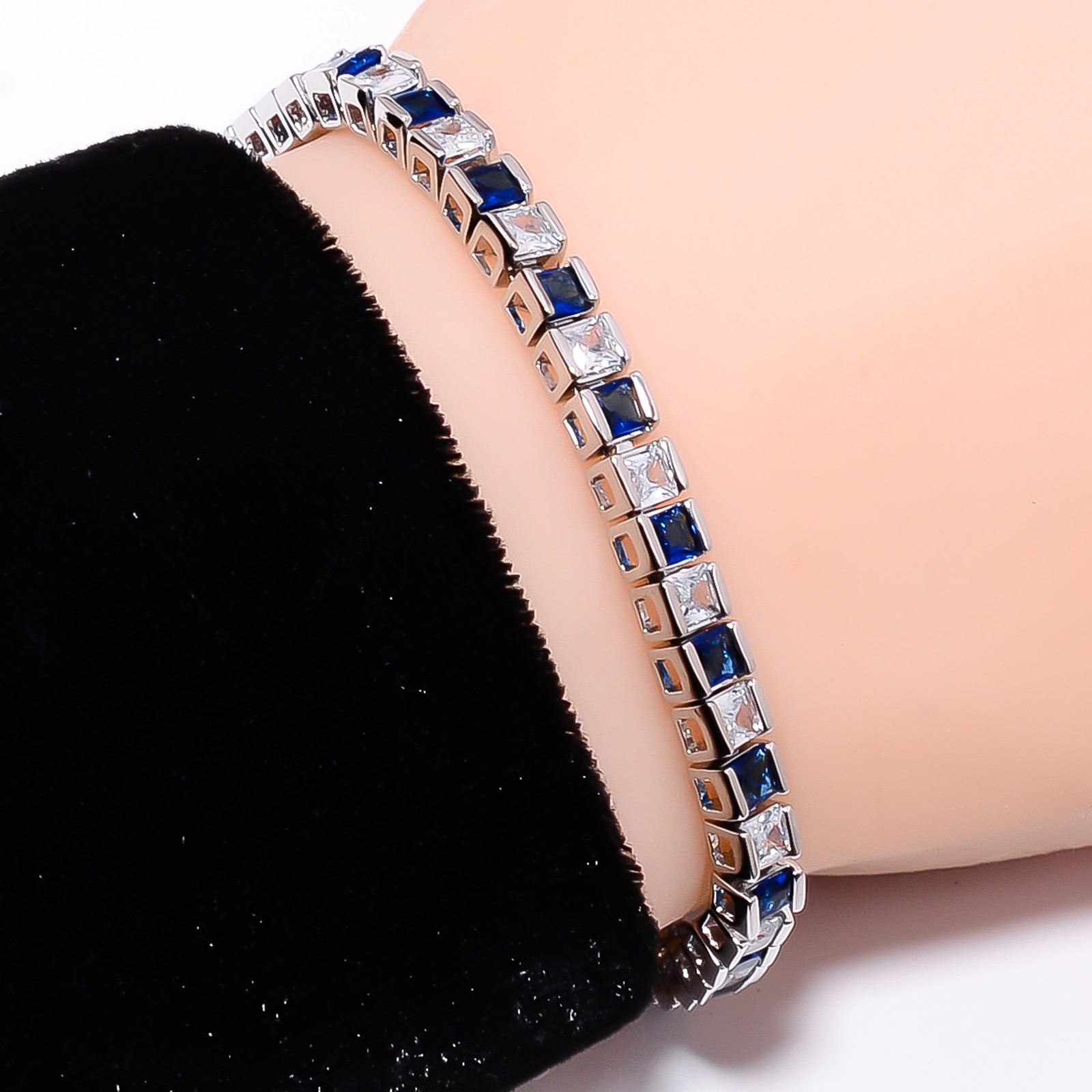 Blue Sapphire -Simulated, CZ 925 Sterling Silver Adjustable Bracelet 7-8″ B0010
