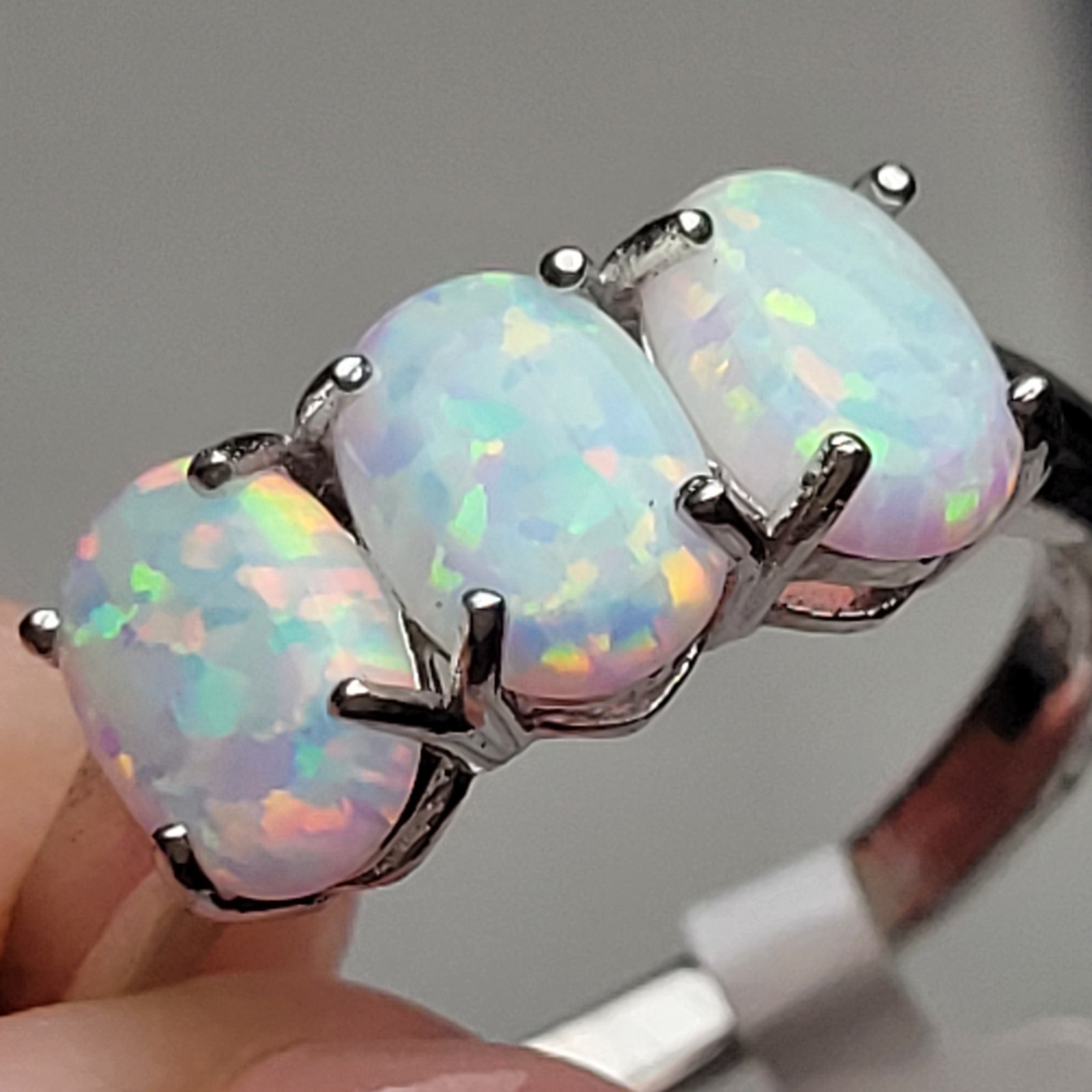 Beautiful Opal 3-Stone Ring Size 7. 925 Sterling Silver. Gorgeous Colors!