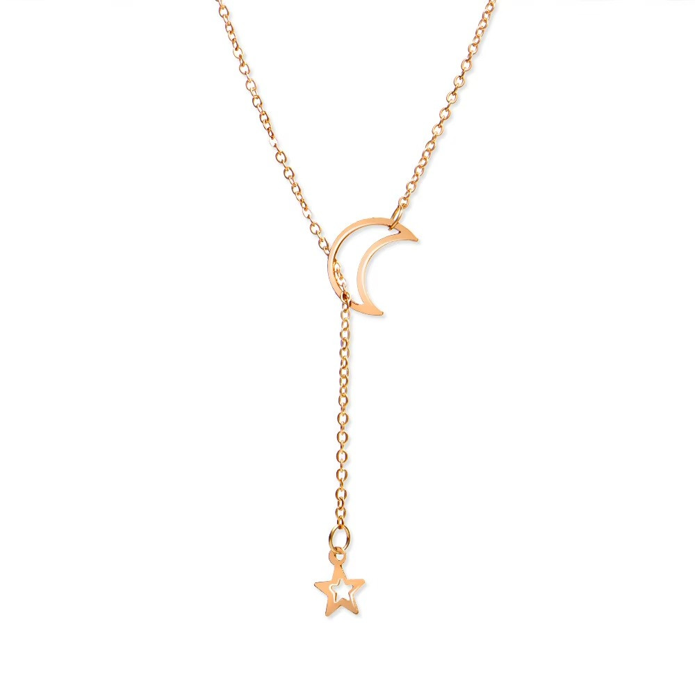 Elegant Moon Star Pendant Choker Necklace Gold Color Alloy Chain Party Jewelry