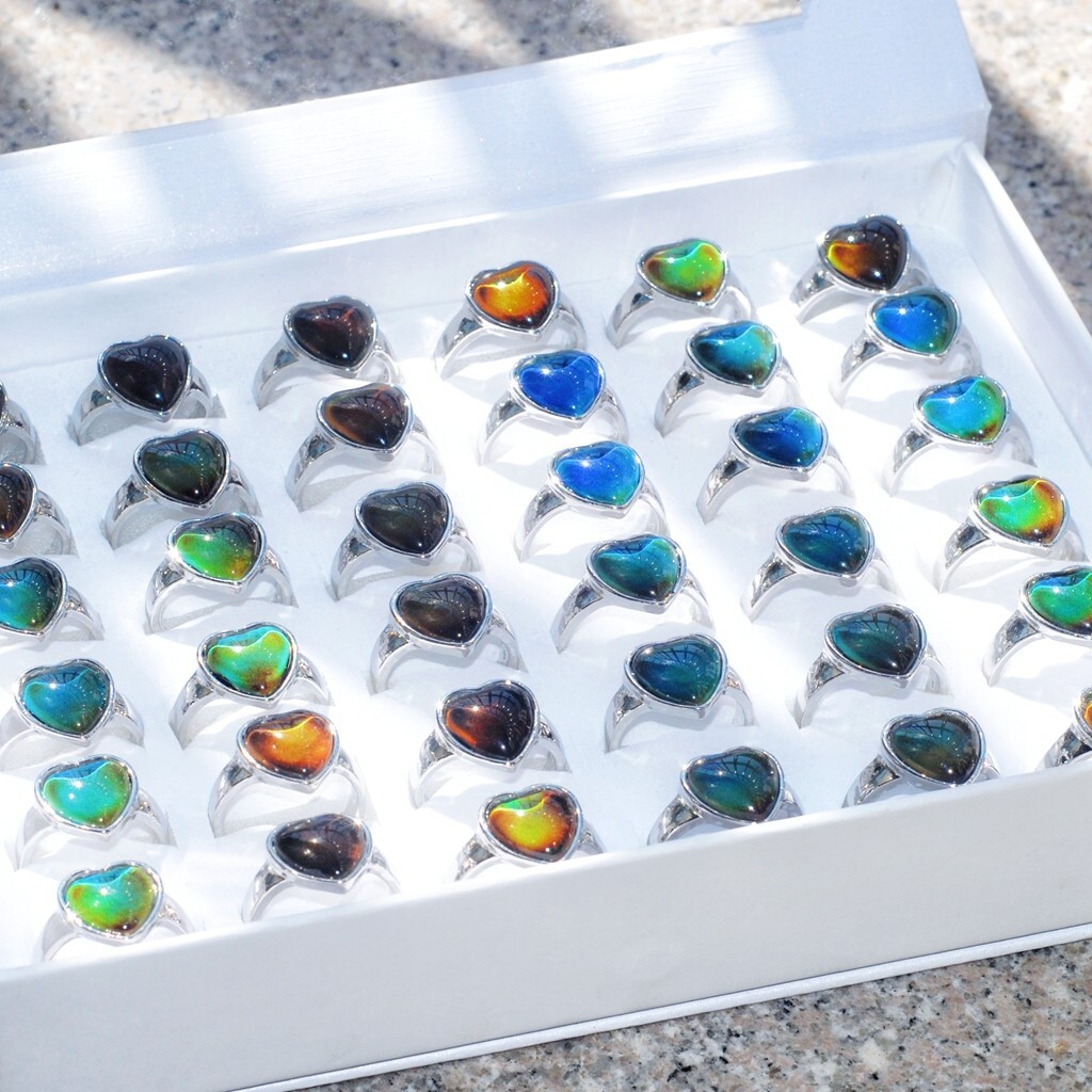 Wholesale 30 Heart Mood Rings Mix Women Silver Plated Change Color Finger Charms