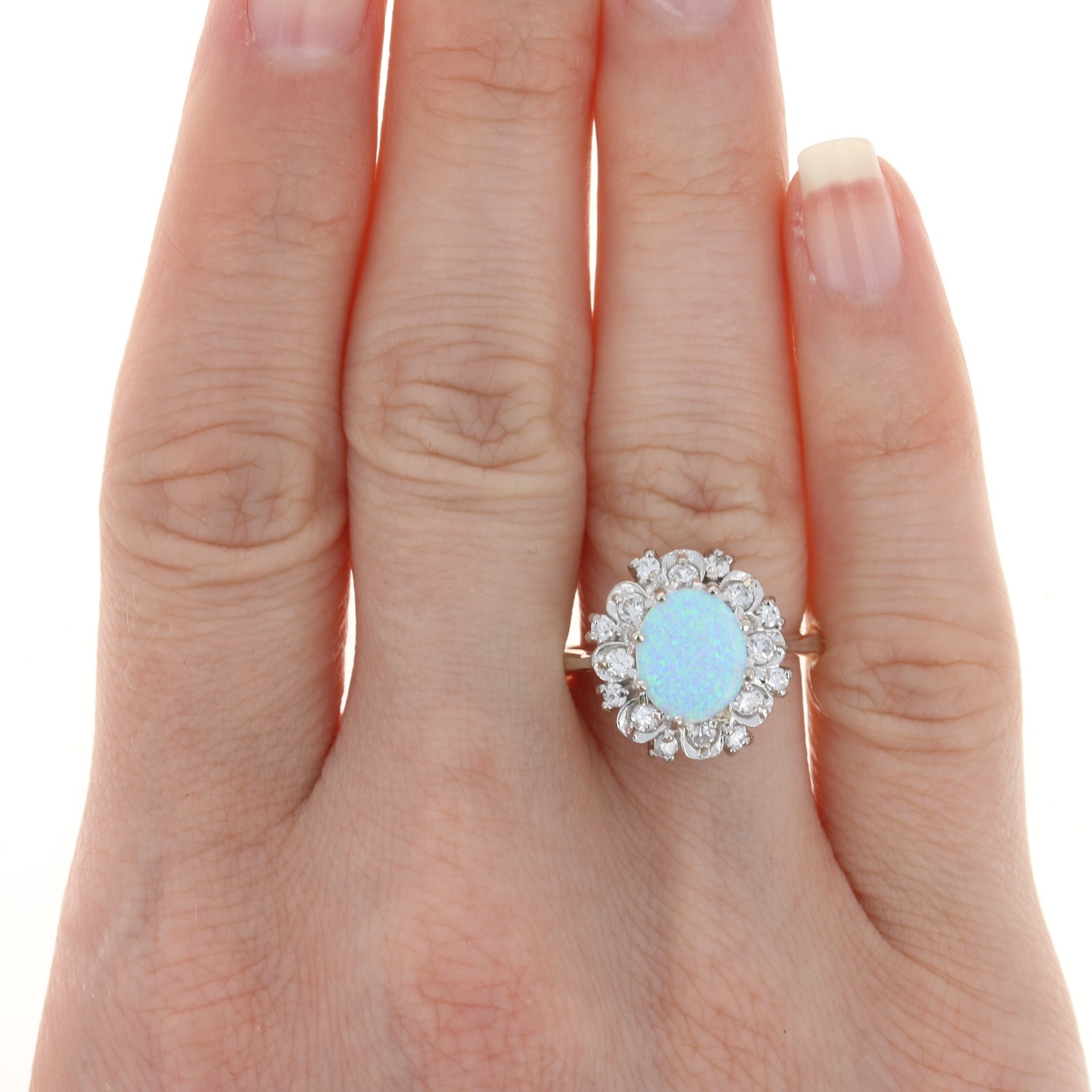 Sterling Synthetic Opal & Cubic Zirconia Floral Halo Ring -925 Oval 1.70ctw Sz 7