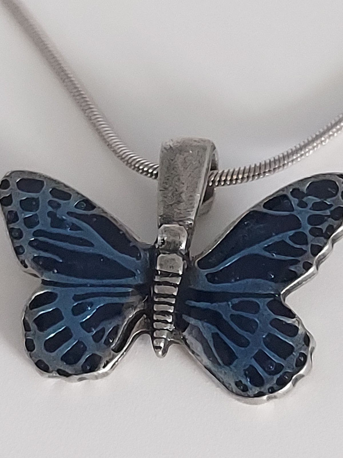 Danforth Pewter Blue Butterfly Pendant Necklace .925 Chain 17”