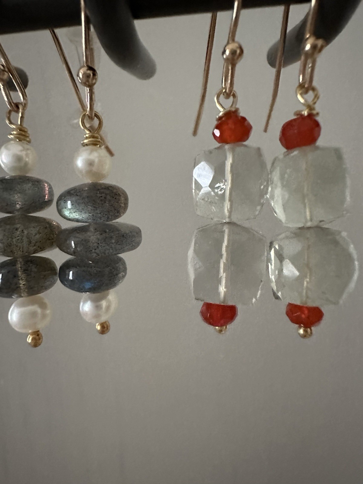New Handmade 925 Sterling Silver Gold Plated Gray Labradorite & Pearl Earrings