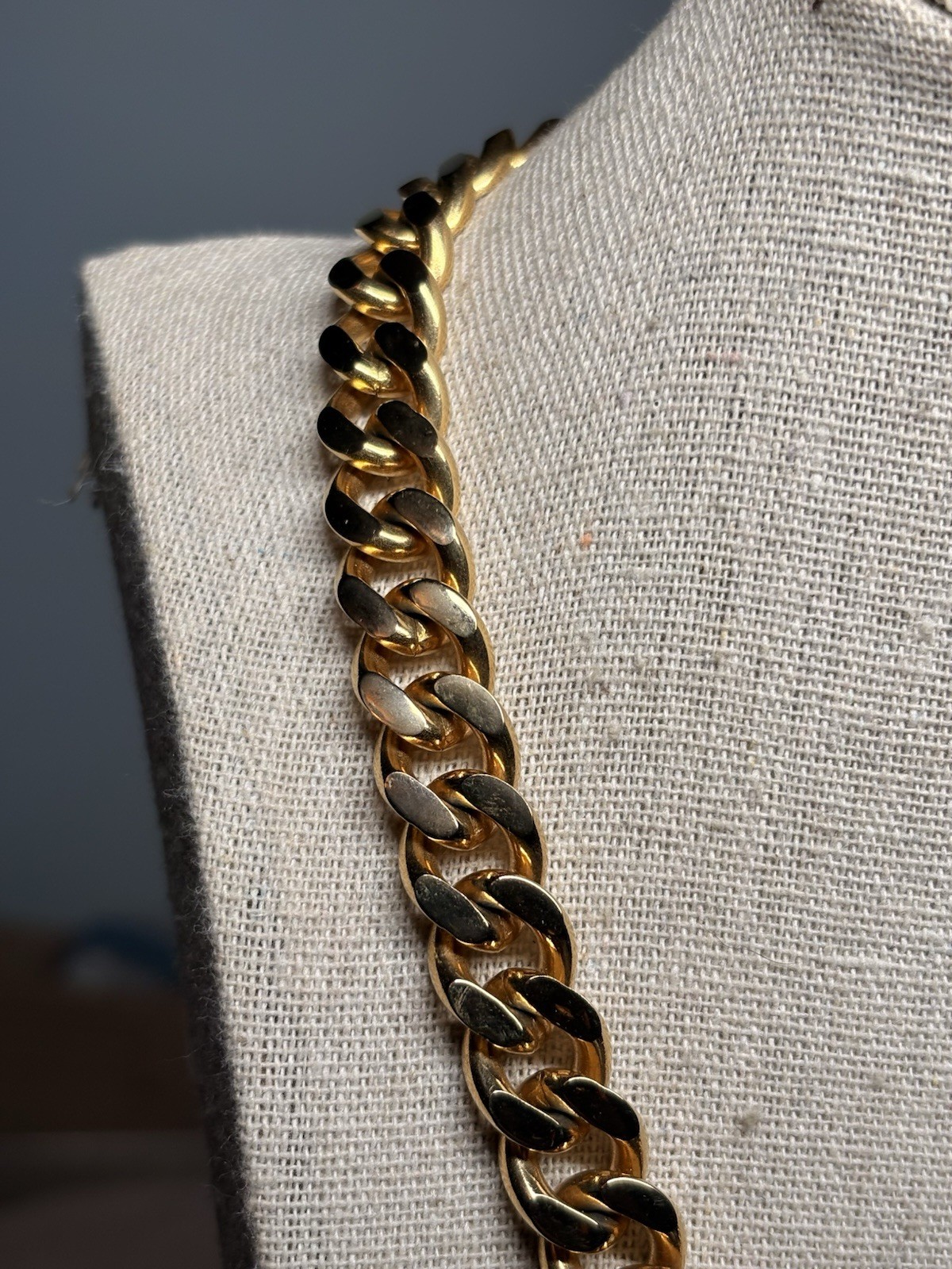Gold Tone Cuban Link Chain Necklace Metal Box Clasp 16 in