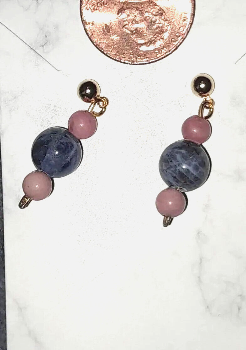 Pink Rhodonite blue sodalite new stone post earrings yelllow gold plated
