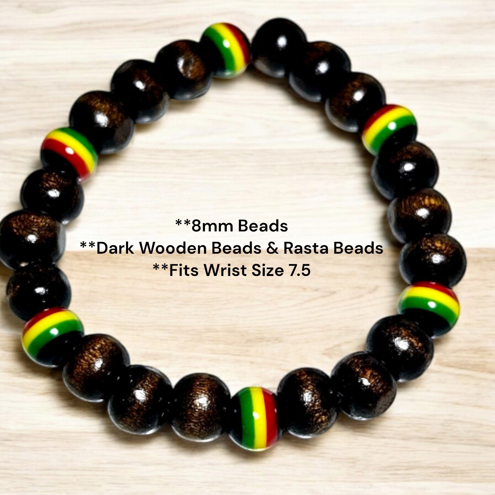Dark Brown Wood w/ Rasta Beads Simple Design 8mm Beaded Bracelet Wrist Size 7.5