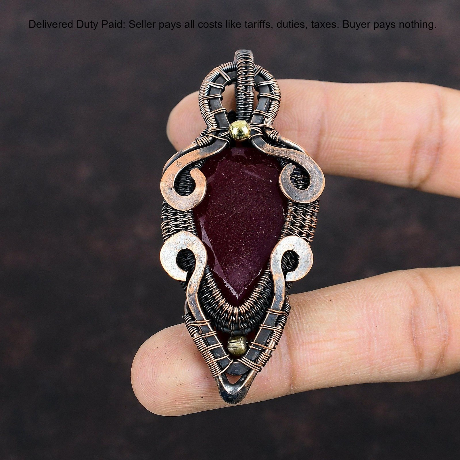 Copper Pear Kashmir Rubi Gemstone Wife Wire Wrapped Anniversary Birthday Pendant