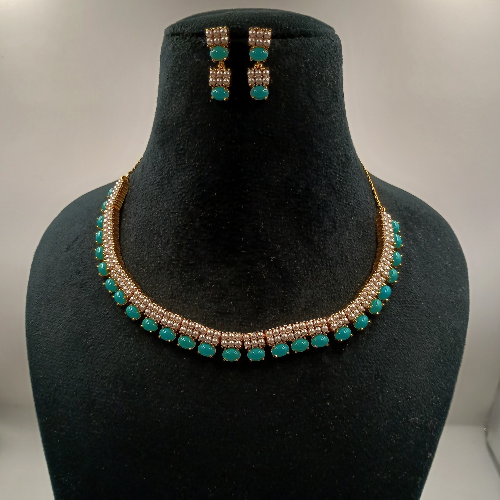 Turquoise and Pearl Necklace Set, 22k Gold Plated Choker, South Indian Jewelry
