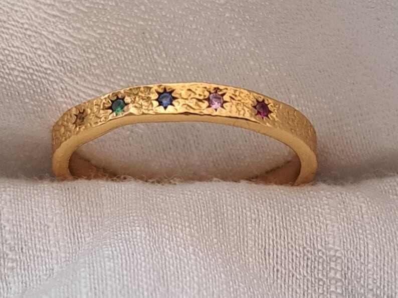 Silver Hammered Band Ring Star Birthstone Band – Unique Handmade Jewelry