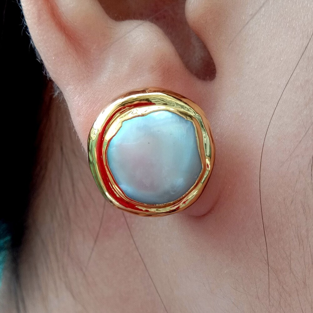 Freshwater White Coin Pearl Bezel Gold Plated Stud Earrings